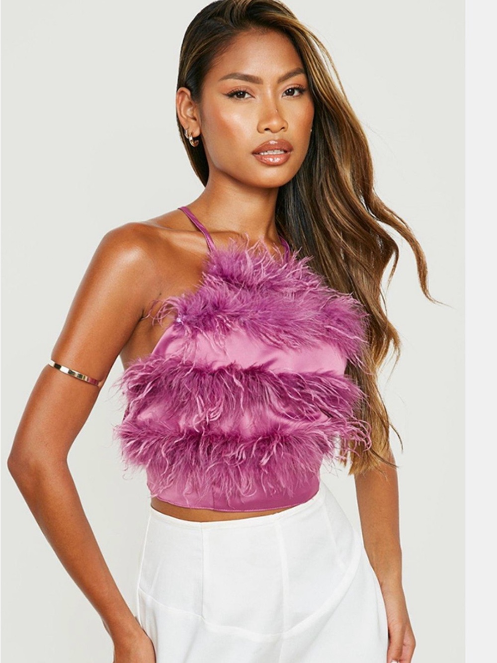 Boohoo Magenta Feather Trim Halter Crop Top